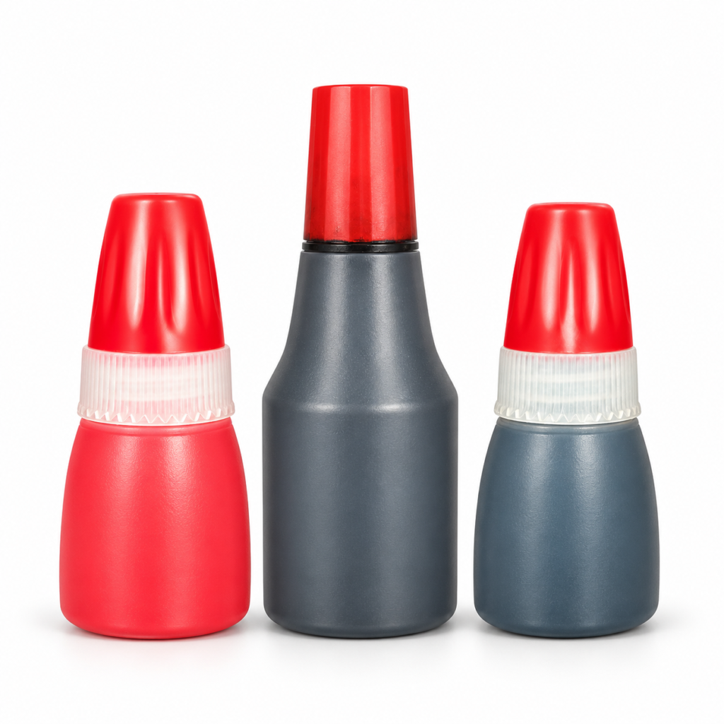 Flash stamp refill ink bottles for pre-inked stamps