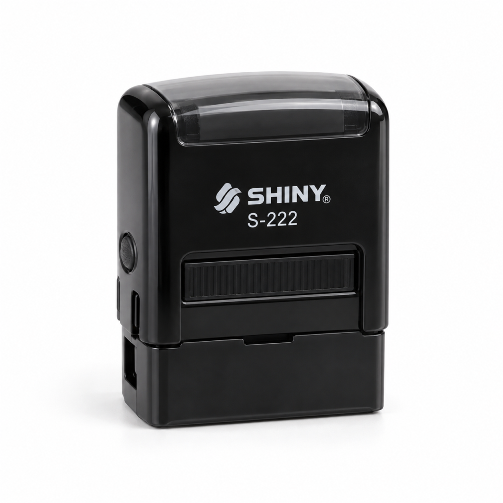 The Shiny Printer S-222 is commonly listed as a self-inking stamp with a 47 × 18 mm impression size.