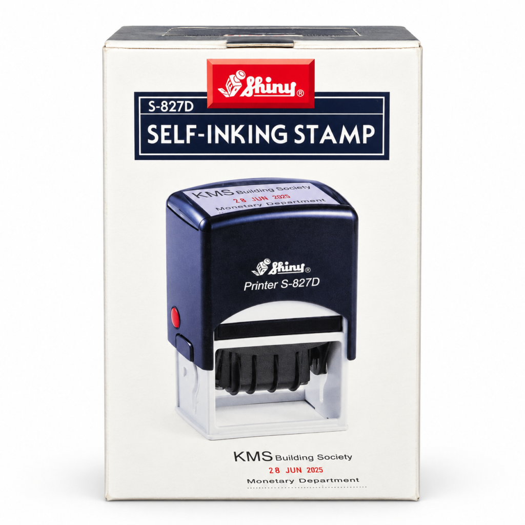 Shiny 827-D self-inking date stamp with adjustable date bands for office and business use.