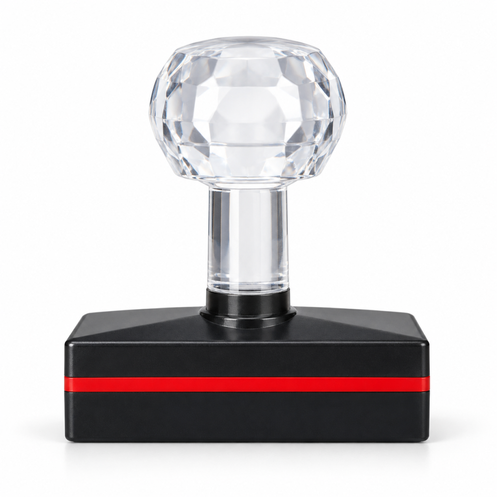 HB-1555 flash stamp with a transparent crystal-style handle, black rectangular base and red accent stripe, suitable for custom business stamps.