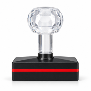 HB-1555 flash stamp with a transparent crystal-style handle, black rectangular base and red accent stripe, suitable for custom business stamps.