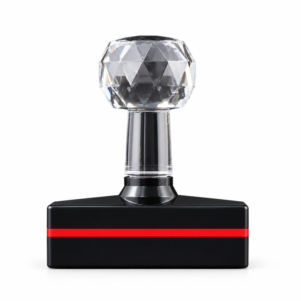 HB-1048 flash stamp with a transparent crystal-style handle, black rectangular base and red accent stripe, suitable for custom business stamps.