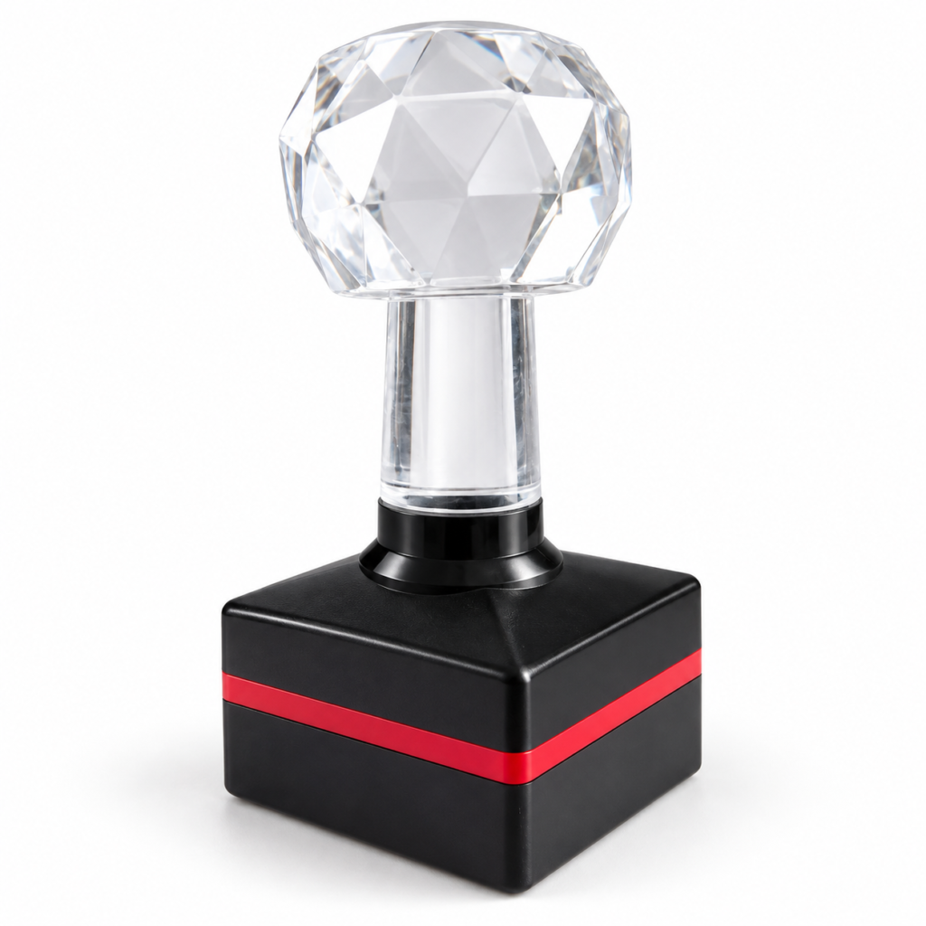 HB-20 flash stamp with a transparent crystal-style handle, black rectangular base and red accent stripe, suitable for custom business stamps.
