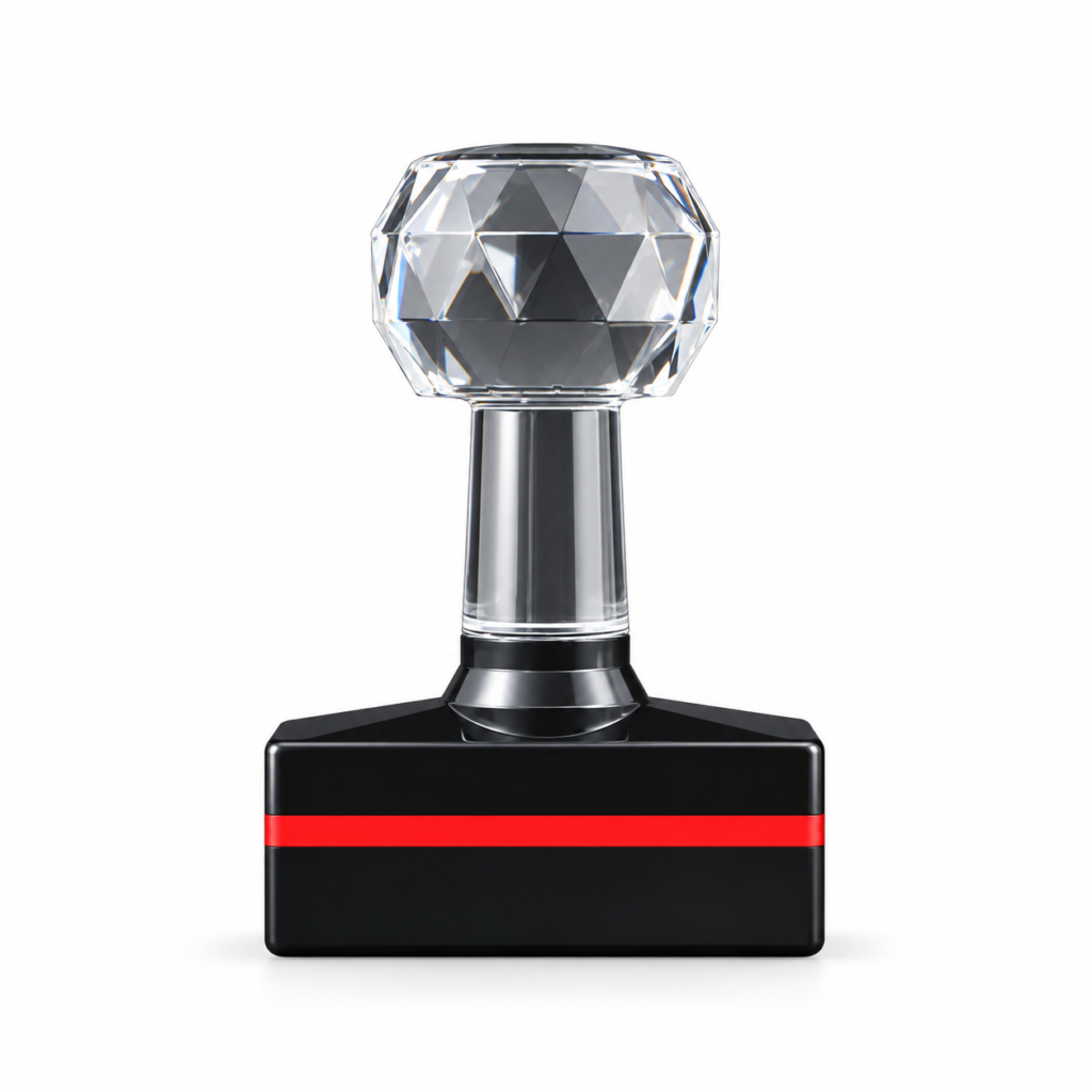 HB-1035 custom flash stamp with a crystal-style handle, black rectangular base and red accent stripe.