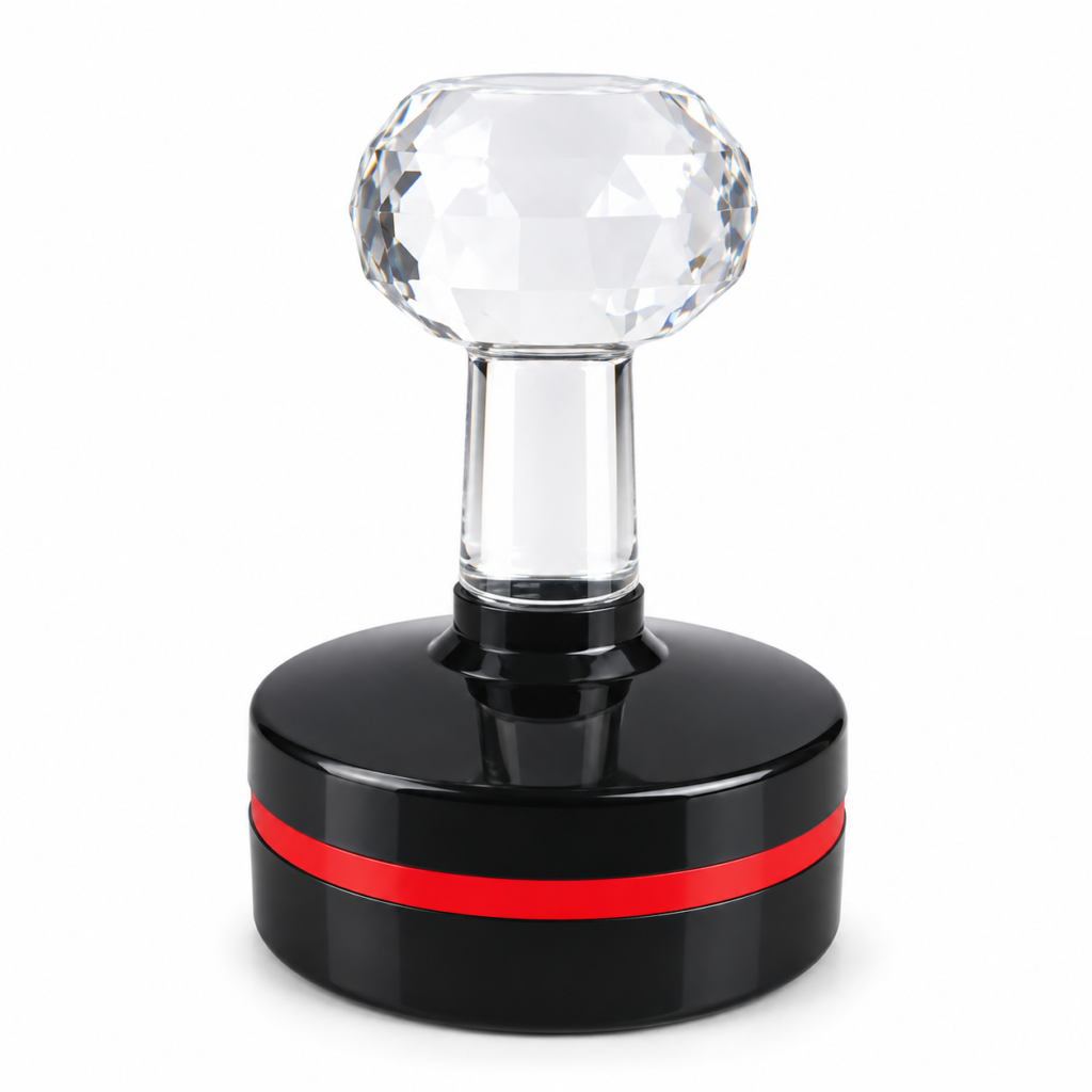 HB-25 custom round flash stamp with a transparent crystal-style handle, glossy black base and red accent stripe.