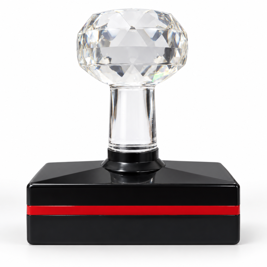 HB-2050 flash stamp with a clear crystal handle, glossy black rectangular base and red accent stripe.