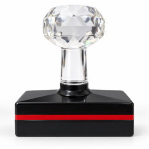 HB-2050 flash stamp with a clear crystal handle, glossy black rectangular base and red accent stripe.