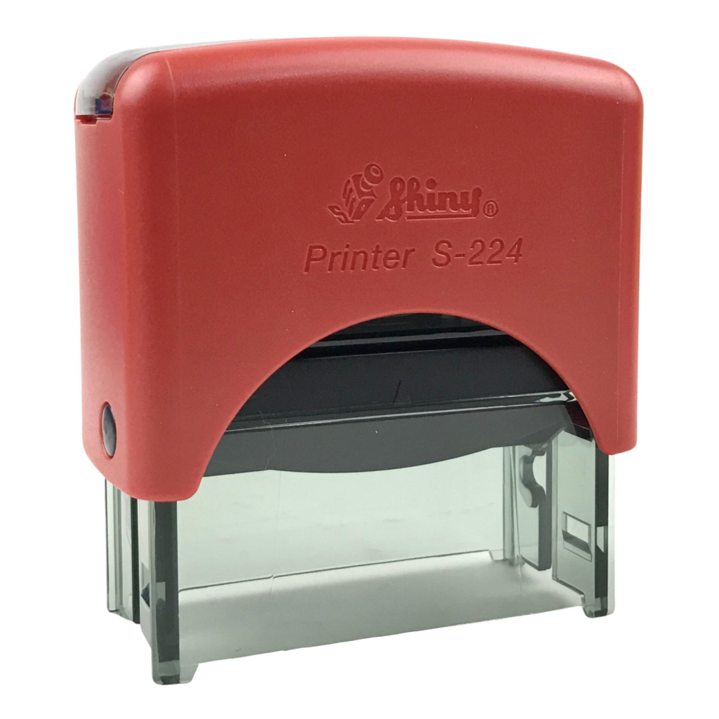 Shiny S-224 self-inking stamp with a built-in ink pad for clear, consistent impressions on office and business documents.