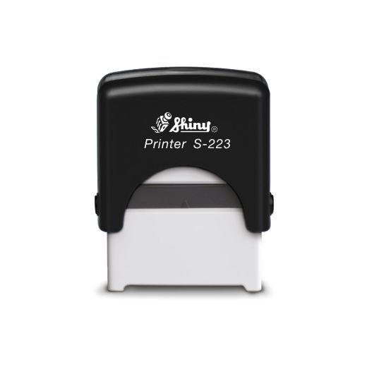 Shiny S-223 self-inking stamp with durable casing and built-in ink pad for clear, consistent impressions on office documents.
